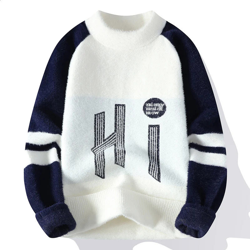 Mens Loose Autumn and Winter Pullover Round Neck Spliced Printed Sweater Fashion Casual Bottom Knitted Long Sleeved Tops 240821