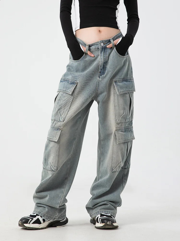 Autumn Cottom Men Cargo Jeans Baggy American High Street Multi-pocket Youth Overalls Fashion Streetwear Vintage Wide Leg Pants 240821