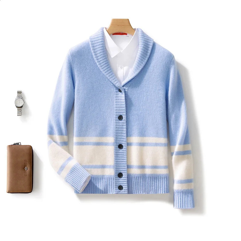 100% Merino Wool Mens Coat Green Fruit Collar Color blocked Loose cardigan Autumn/Winter Knitted Shirt Mens Clothing Warm 240821