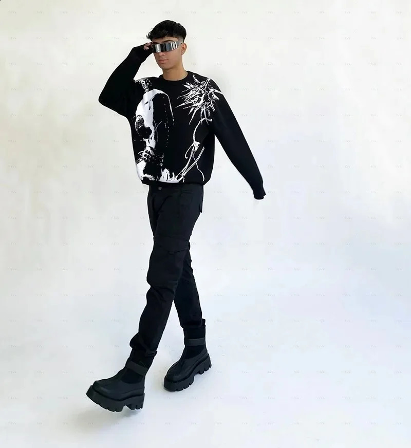 Y2k Knitted Sweater Women Cotton Knitwear Graphic Mens Sweaters Top Vintage Loose Distressed Pullovers Casual Harajuku Autumn 240821