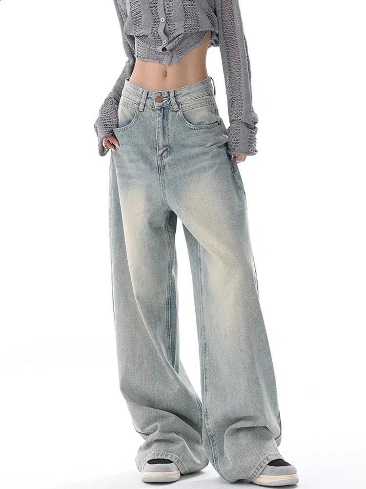 Circyy High Waisted Jeans Women Autumn Button Full Length Wide Leg Denim Pants Fashion Vintage Y2K Light Blue Loose Trousers 240821