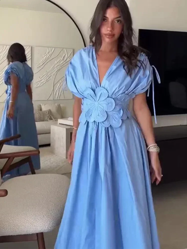 blue 3D pleated long dress for women solid short sleeved Vneck elegant evening party 240820