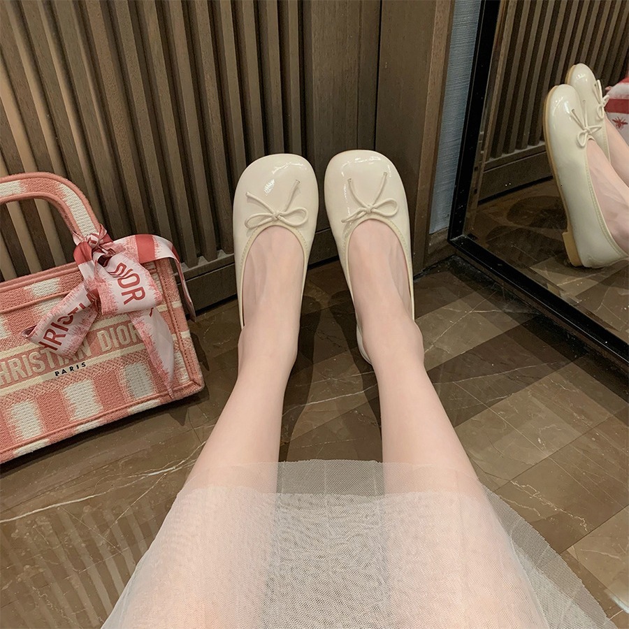 Ddmysports Grape Mom S Same Style Spring And Autumn New Versatile Gentle Round Ead Bow Shallow Mouth Korean Flat Sole Single Shoes For Women OUTDOOR
