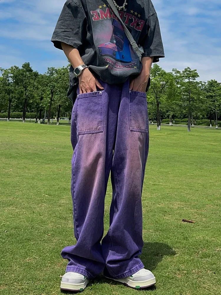 American Style Purple Straight-leg Jeans For Men Women Casual Hip Hop Vintage Loose Fit Wide Leg Dragging Trousers 240821