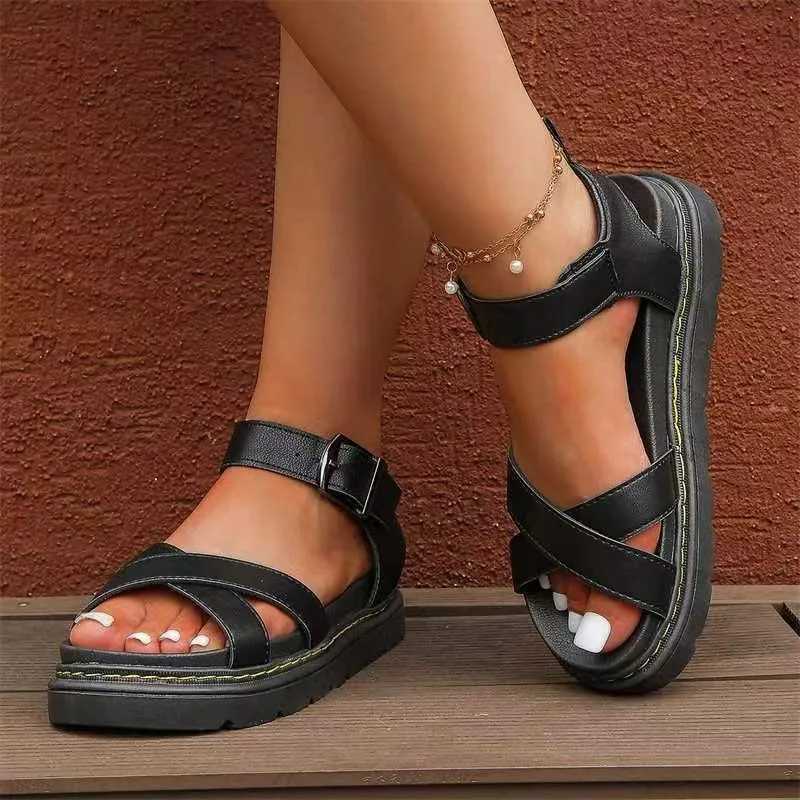 2024womens Summer New Fashion Open Toe Simple Solid Color Womens Shoes Casual Leather Flat Anti-slip Womens Sandals Large Size CL240806