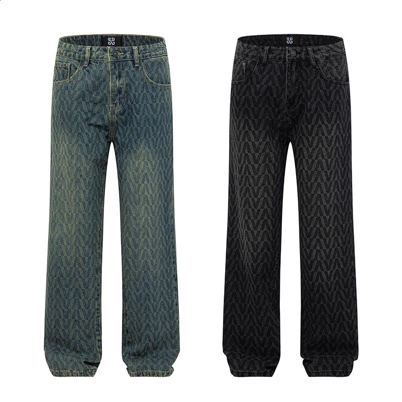 Pattern Printed Wide Leg Casual Jeans For Men Straight Leg Retro Pants Males Bottoms 240821