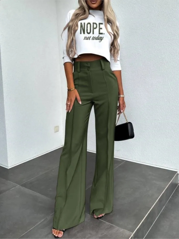 Casual Long Sleeve Shirt Pants Set Office Lady Spring Autumn Fashion Solid O-neck Tops Trousers Two Piece Set Women Outfit 240820