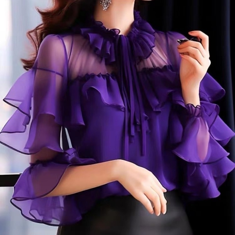 Fashion Ruched Round Neck Ruffles Women Solid Color Spring 2024 Gauze Drawstring Long Sleeve Slim Elegant Chiffon Shirt Tops 240820