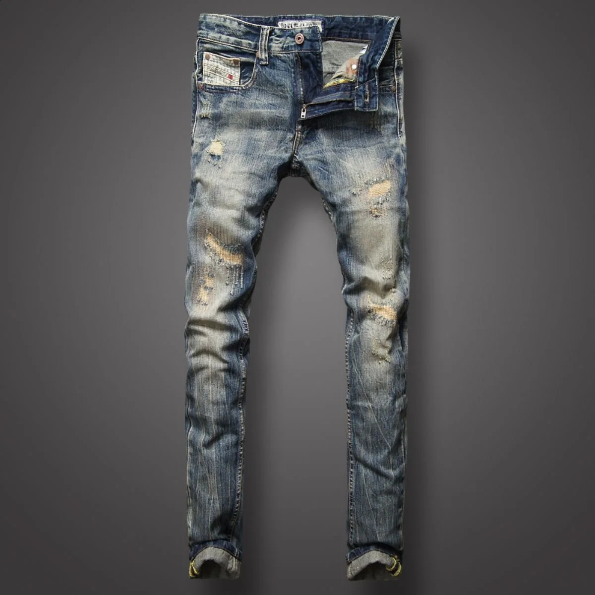 Spring and Autumn Fashion Casual Solid Color Vintage Ripped Jeans Mens Slim Comfortable Elastic High-Quality Jeans 240821