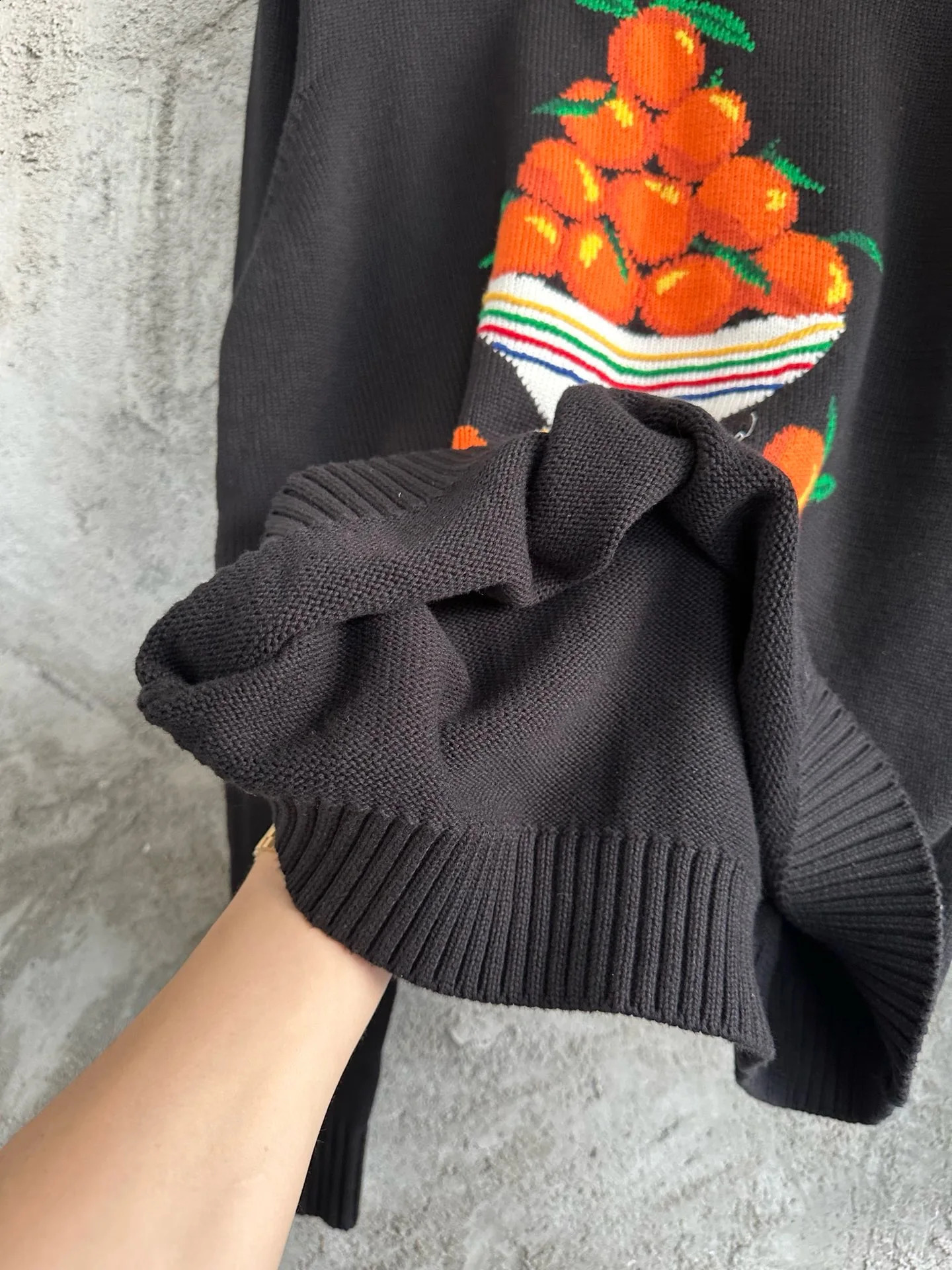 men fruit prints round neck black cotton sweater 240821