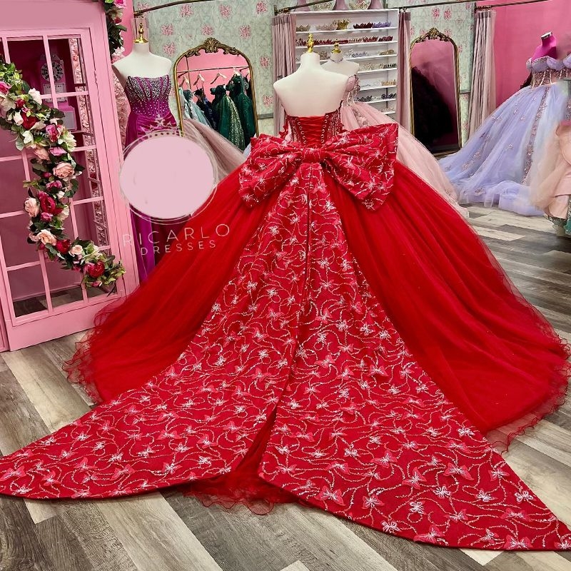 Red Shiny Ball Gown Quinceanera Dresses Off The Shoulder Beads Crystal Bow Tull Corset Princess Sweet 16 Vestido De 15 Anos