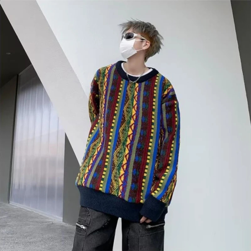Colorful Printed Retro Men Sweater Color Block Hip Hop Trend Round Neck Knitted Top College Casual Oversized Pullover 240821