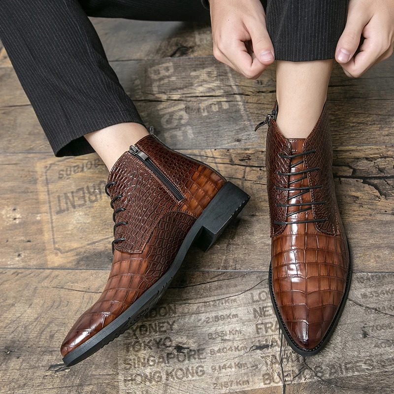 Spring Boots Chelsea Mens Leather Boots Lace Upper Ankle Boots Pointed Toe Low Heel Thick Bottom Business Boots Plus Size 38-48 240821