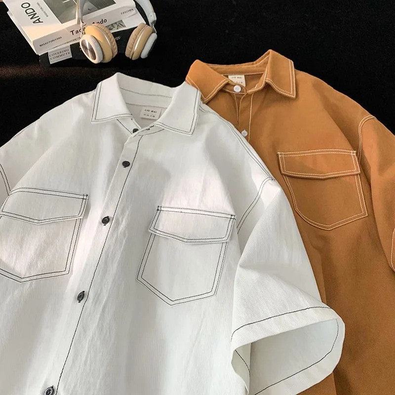 Japanese Vintage Short Sleeve Shirts for Men 2024 Pocket Printed Fashion Polo Neck Button Casual Men Clothing Tops 240821