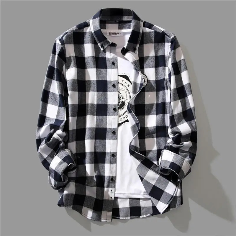 Cotton black and white checkered mens shirt Korean spring loose casual single-layer long sleeved top 240821