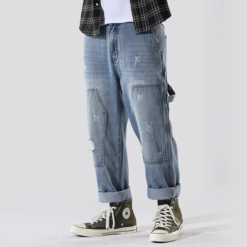 Y2K vintage high quality Harajuku mens jeans multi-generation biker ripped pants fashion loose Korean nine minute pants 240821