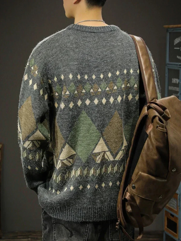 Knit Sweater Male Round Collar Mens Clothing Crewneck Argyle Jacket Coat Pullovers Graphic Aesthetic Meme Neck Order Classic A 240821