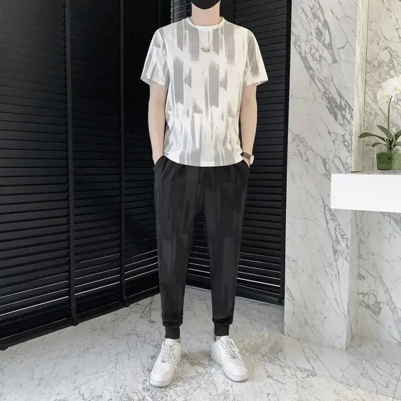 Tracksuit T-shirts Pants Suits for Men Black No Smooth Sweatsuit Man Trousers Sets Sweatshirts Baggy Slacks Loose Elastic 240821