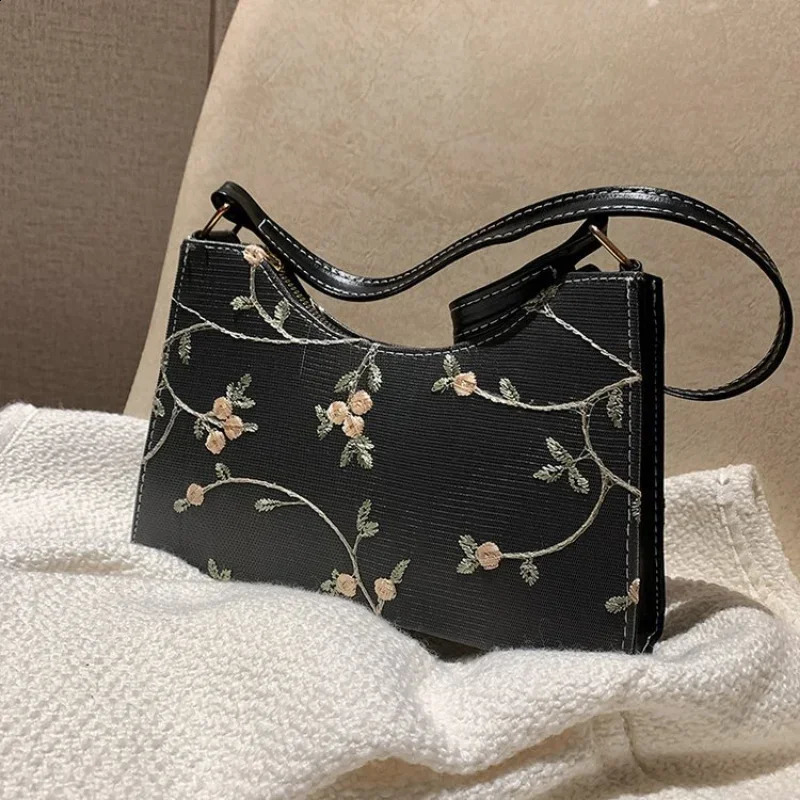 Summer Lace Floral Stitching Shoulder Bag for Women 2023 Soft PU Leather Underarm Bags Beach Travel Handbag Girls Small Tote 240820