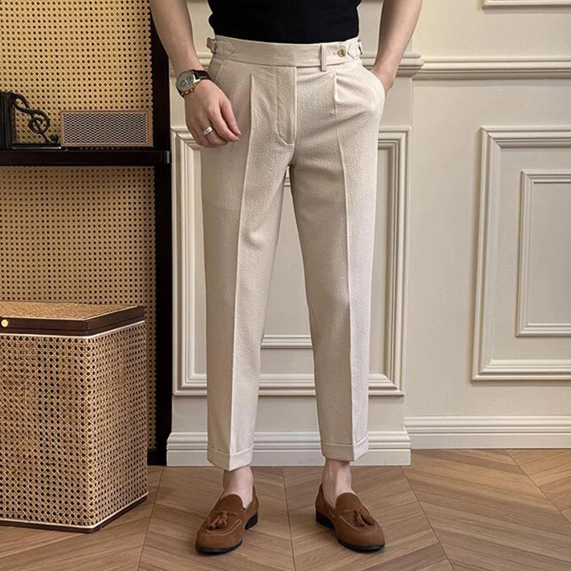 Naples Style Suit Trousers Men Stylish High-waisted Belt Slim Straight Pants Mens Fall Vintage Solid Color Casual Pants 240820