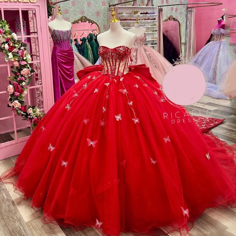 Red Shiny Ball Gown Quinceanera Dresses Off The Shoulder Beads Crystal Bow Tull Corset Princess Sweet 16 Vestido De 15 Anos
