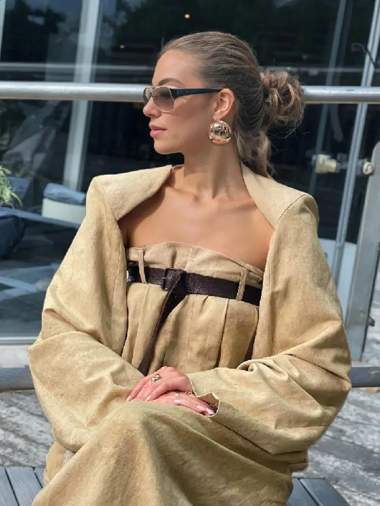 Modigirl Fashion Buttoned Long Sleeves Collarless Outerwear Top Wide Leg Belted Jumpsuits Sets for women 2 pieces 240820