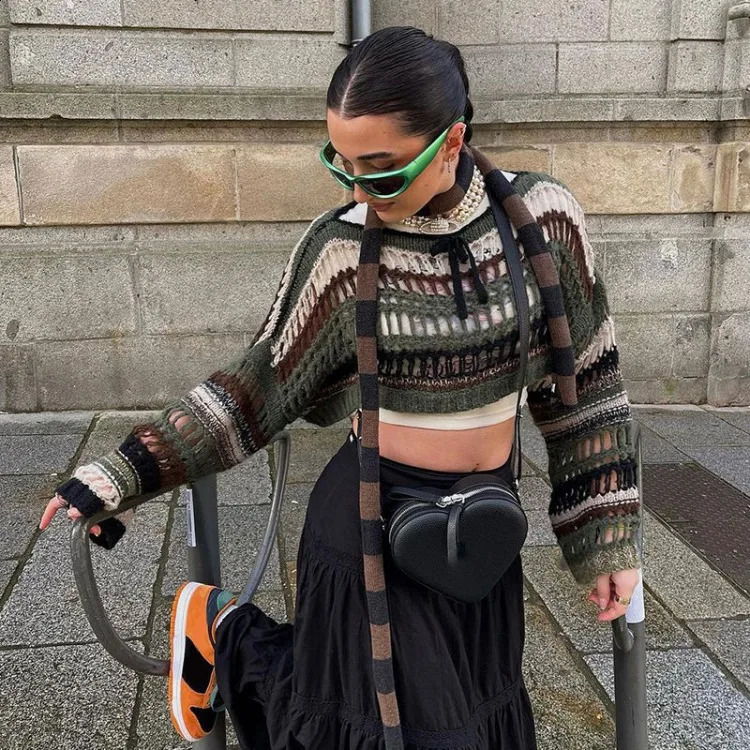 Harajuku Green Striped Lazy Knitted Top Womens Early Autumn Oneck Lace Pulling Rope Y2k Hollow Long Sleeve Sweater 240821