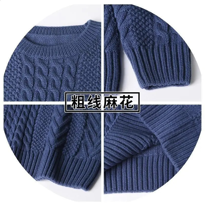 Mens Autumn Winter Fashion Simple Solid Round Neck Pullover Screw Thread Casual Versatile Long Sleeve Loose Sweater Knit Tops 240821
