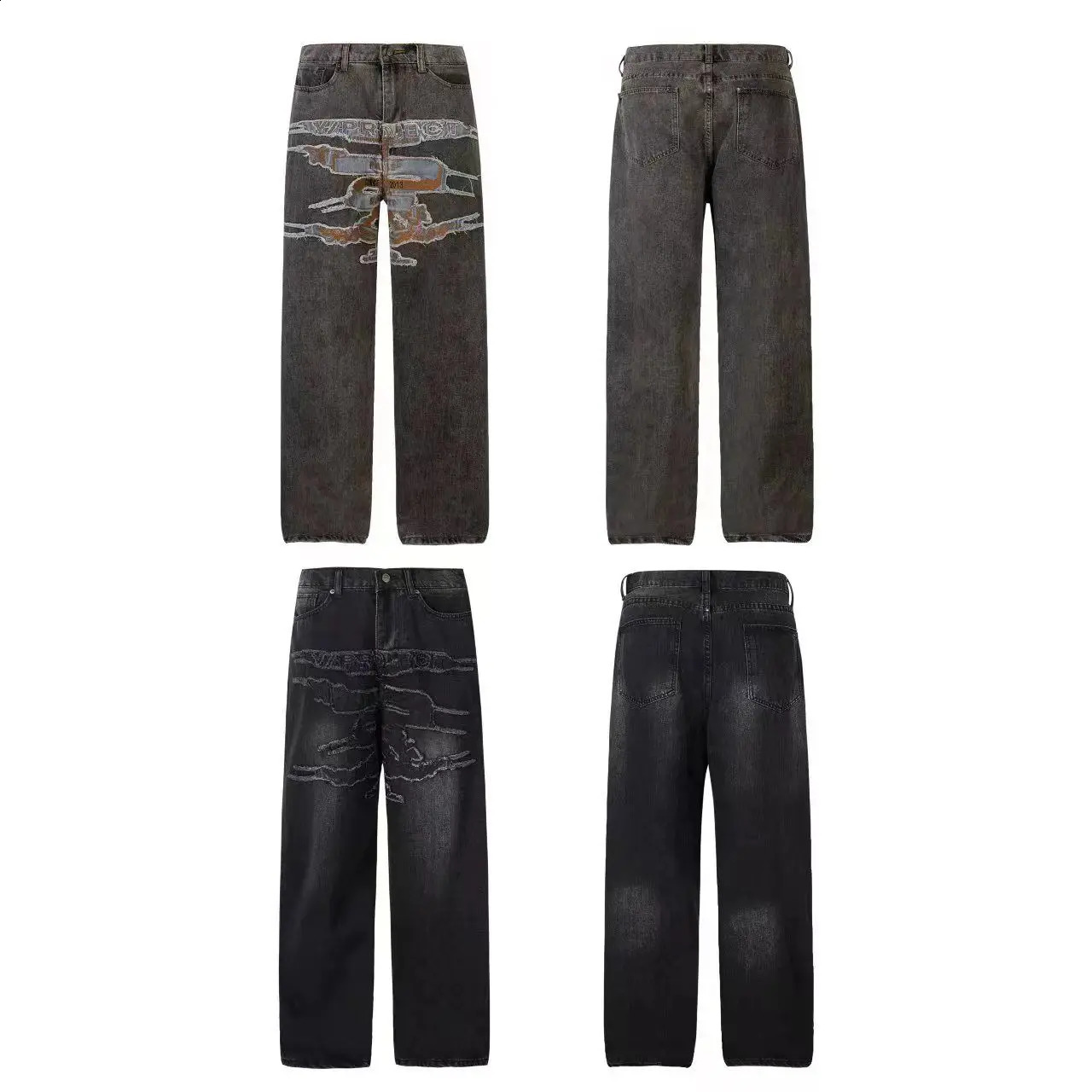 Patch embroidery jeans style washed hip hop mid-waist destroyed mid-high waist loose street fashion straight trend trousers 240821