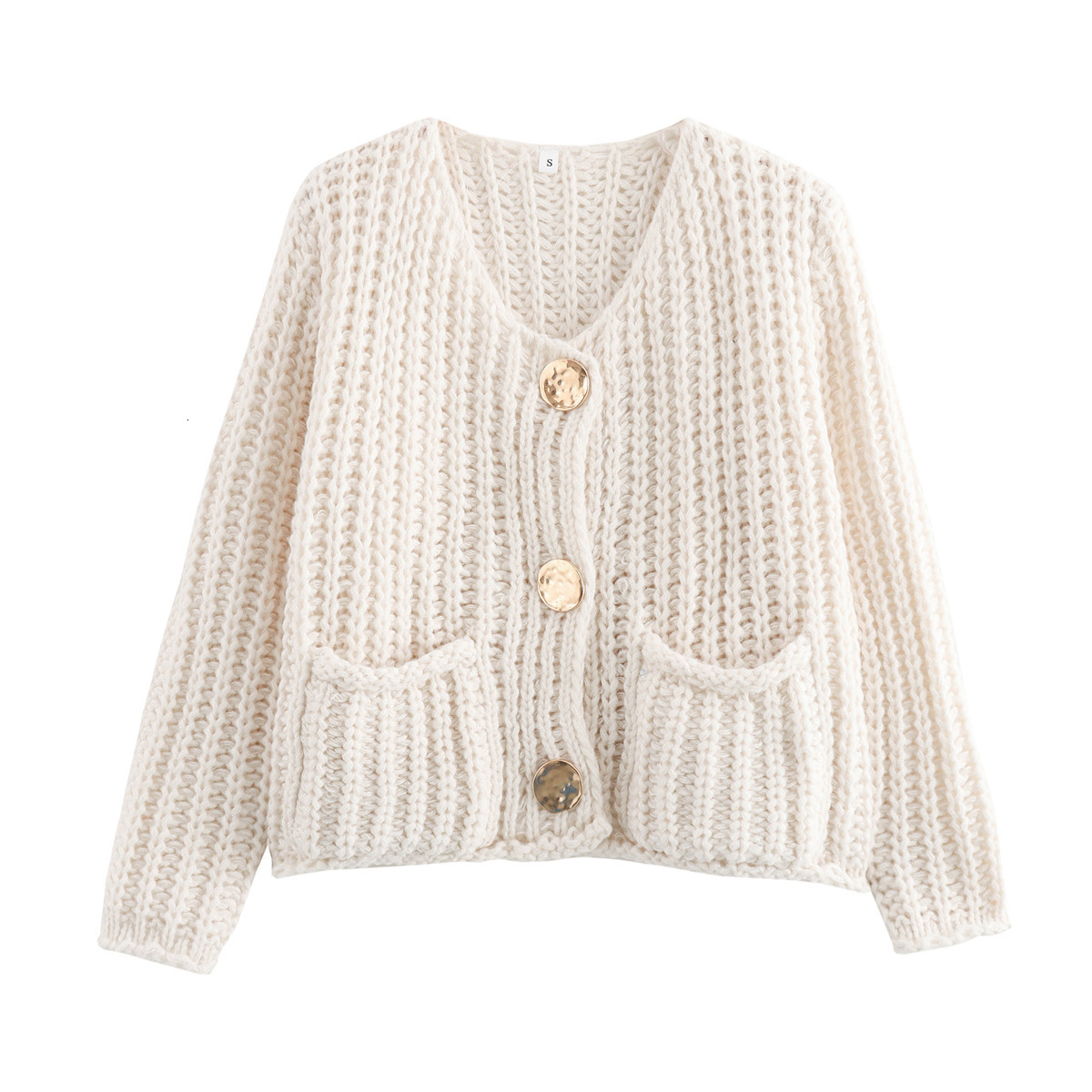 2024 women's solid color single breasted double pocket short coarse knitted sweater jacket B66004