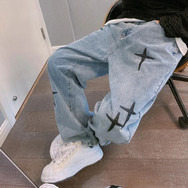 Mens Prints Jeans Streetwear Baggy Drapes Straight Cargo Pants Korean Fashion Casual Denim Trousers Male Clothes 240821