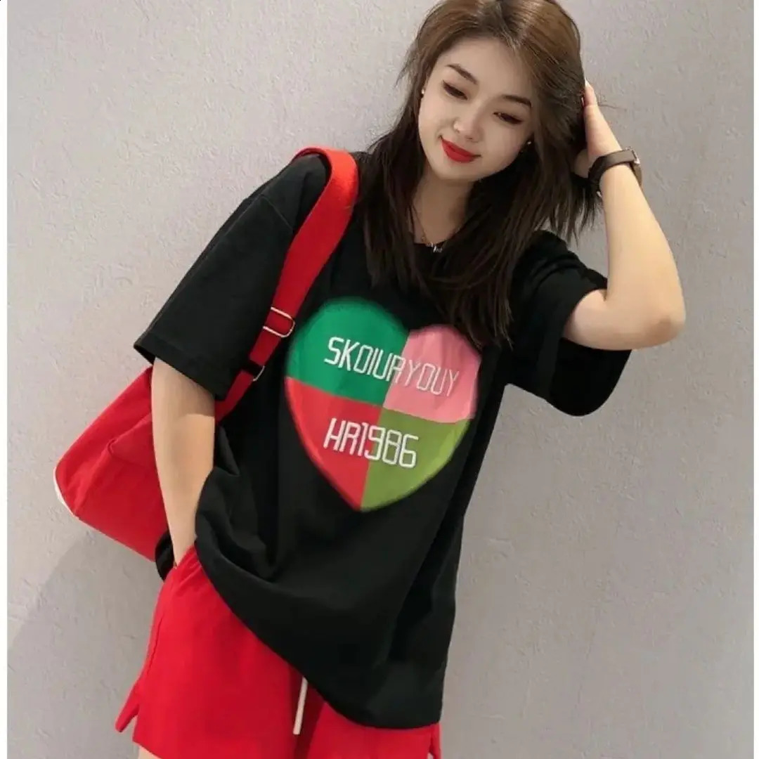 Cotton Casual Printing O-neck Short Sleeve T-Shirt Two-piece Suit Women Clothing All-match Loose Elastic Waist Matching Sets 240820