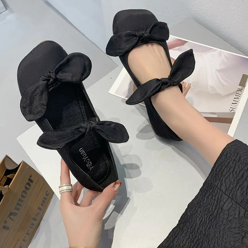Shoes for Women Flats with Bow Ladies Summer Footwear Pink Kawaii Square Toe Cute Flat on Offer Promotion Vacation E Spring 240820