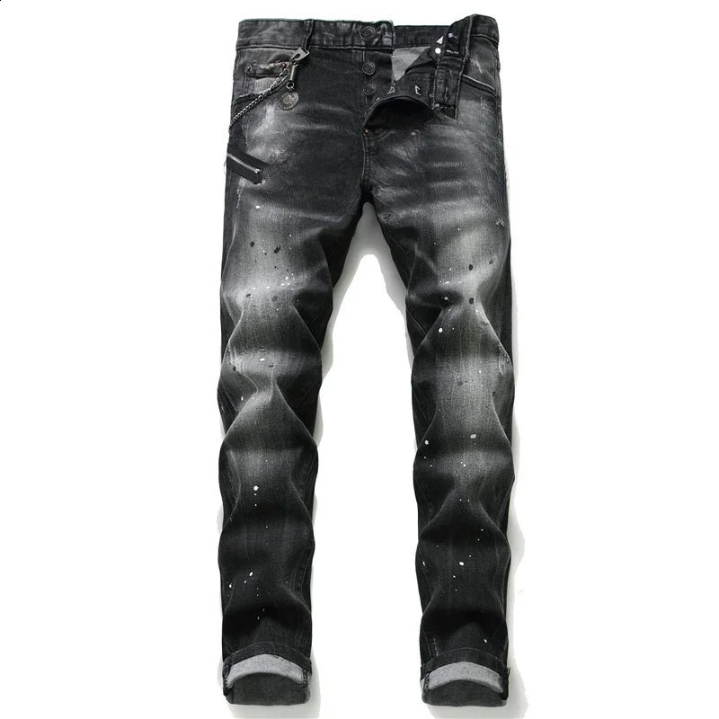 Ltalian High Street Style Denim Pants Men Black Ripped Denim Jeans Holes Jeans High Quality Male Slim Fit Denim Trousers Size 38 240821