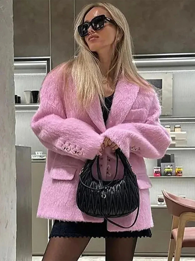 Lapel Mohair Woolen Plush Women Suit Coats Casual Loose Long Sleeve Button Office Blazer Female Winter Elegant Pocket Coats 240820