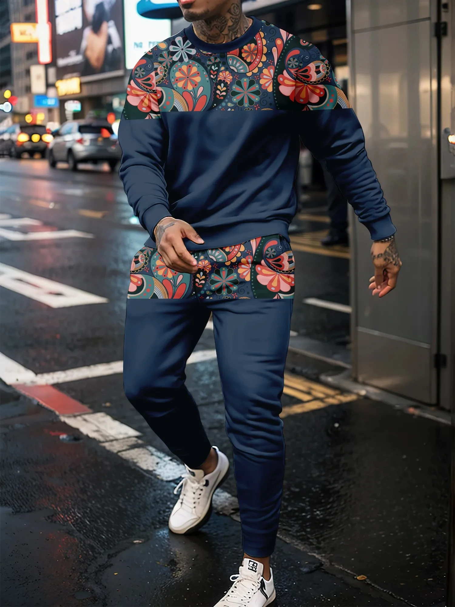 3D Splicing Mens Casual Suit With Round Neck Long Sleeve And Long Pants Fashion Mens Sports Street Personalized Jogging Suits 240821