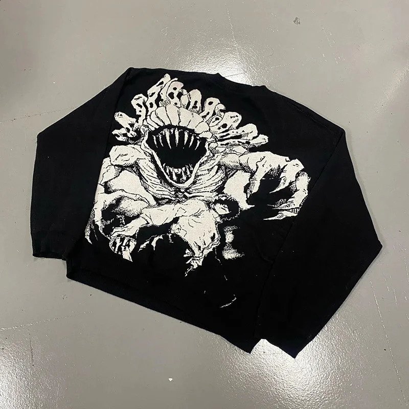 Graphic Print Black Knitted Sweaters Streetwear Demon Anime Pullover Unisex Casual Loose Men Gothic Oneck Pullovers 240821