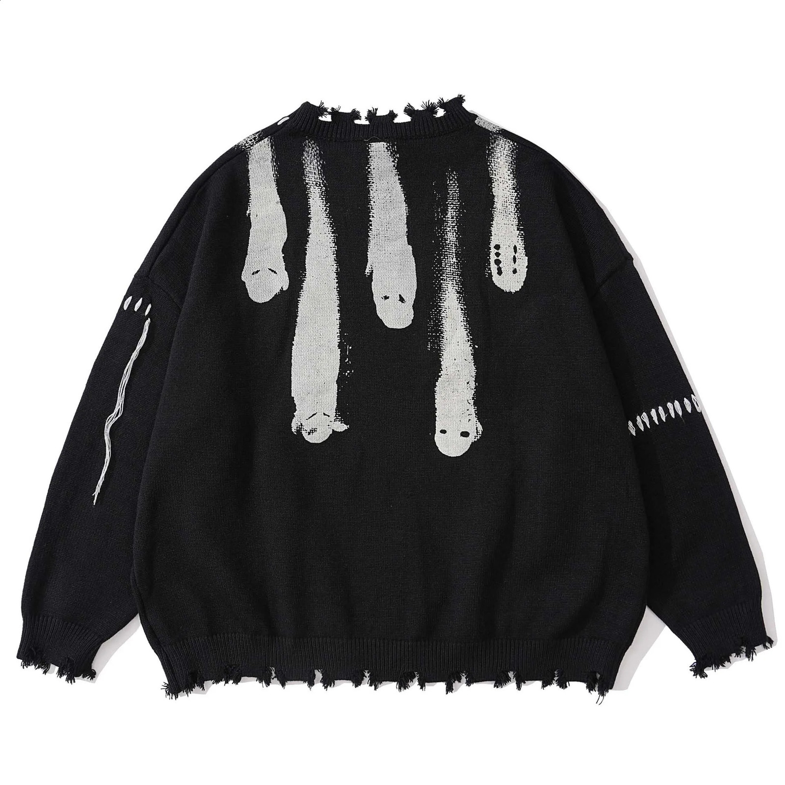 Streetwear Knitted Sweaters Men Hip Hop Y2K Grunge Ripped Ghost Print Gothic Jumpers Autumn Oversize Pullover Harajuku Sweater 240821