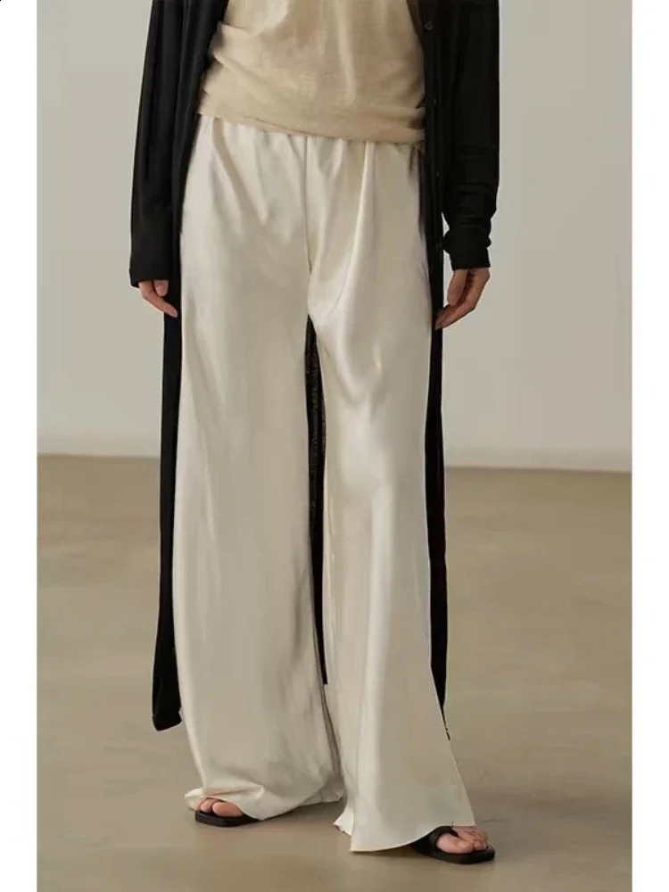 Deeptown Elegant Satin Pants Womens Summer Wide Leg Trousers Casual Baggy Korean Fashion Female Office Wear Black Pants 240821