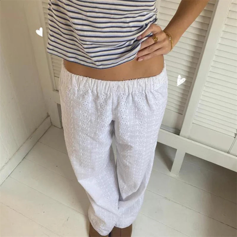 Lamuusaa y2k pants womens aesthetic clothing white hollow lace elastic low waist loose and mens 2000s streetwear 240821