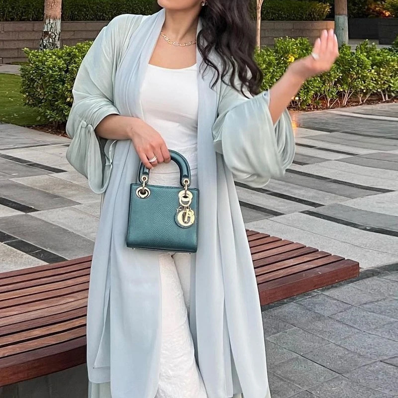 Ramadan Shiny Satin Open Kimono Abaya Chic Dubai Batwing Sleeve Abayas Women Muslim Dress Islamic Clothing Kaftan