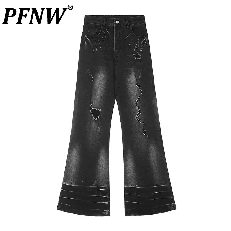 PFNW Washed Painted Worn-out Hole Jeans Mens Flare Pants Straight Trendy Hippy Summer Niche n Bottoms 28W3510 240821