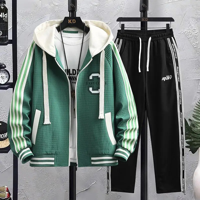 Autumn mens track and field clothing casual jogging hoodie spring sports shirt jacket pants 2-piece set hip-hop running sportswear 240827