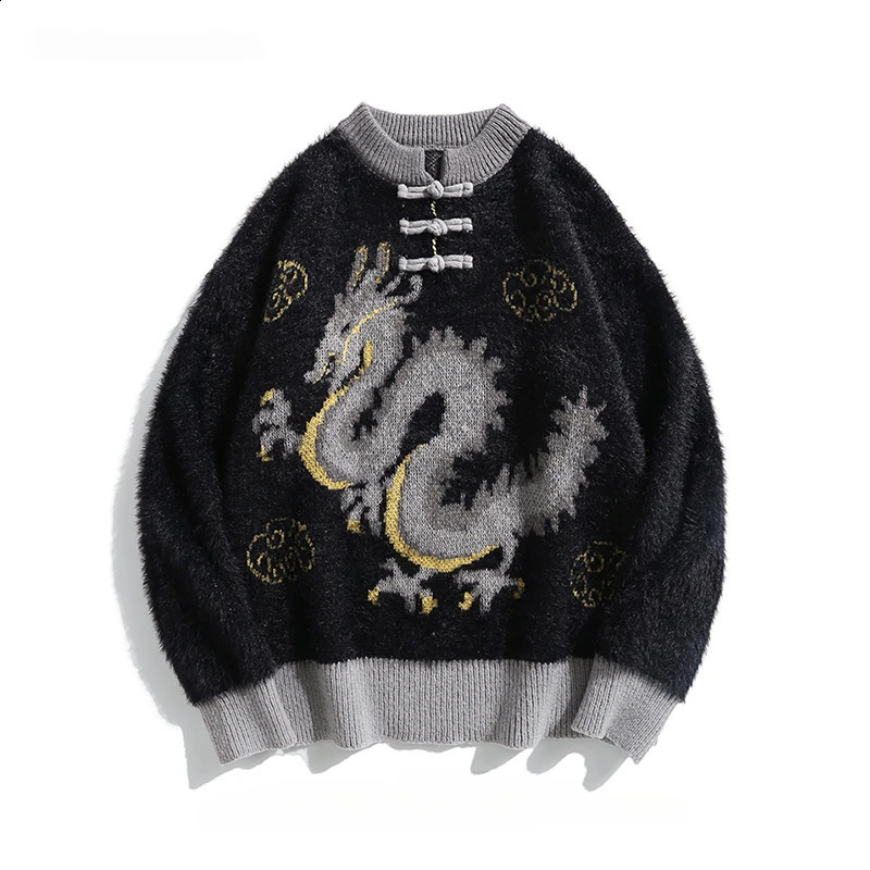 Autumn Winter Retro Buckle Chinese Dragon Jacquard Pullovers Sweaters Men and Women High-end Loose Casual Tang Suit Knitted Tops 240821