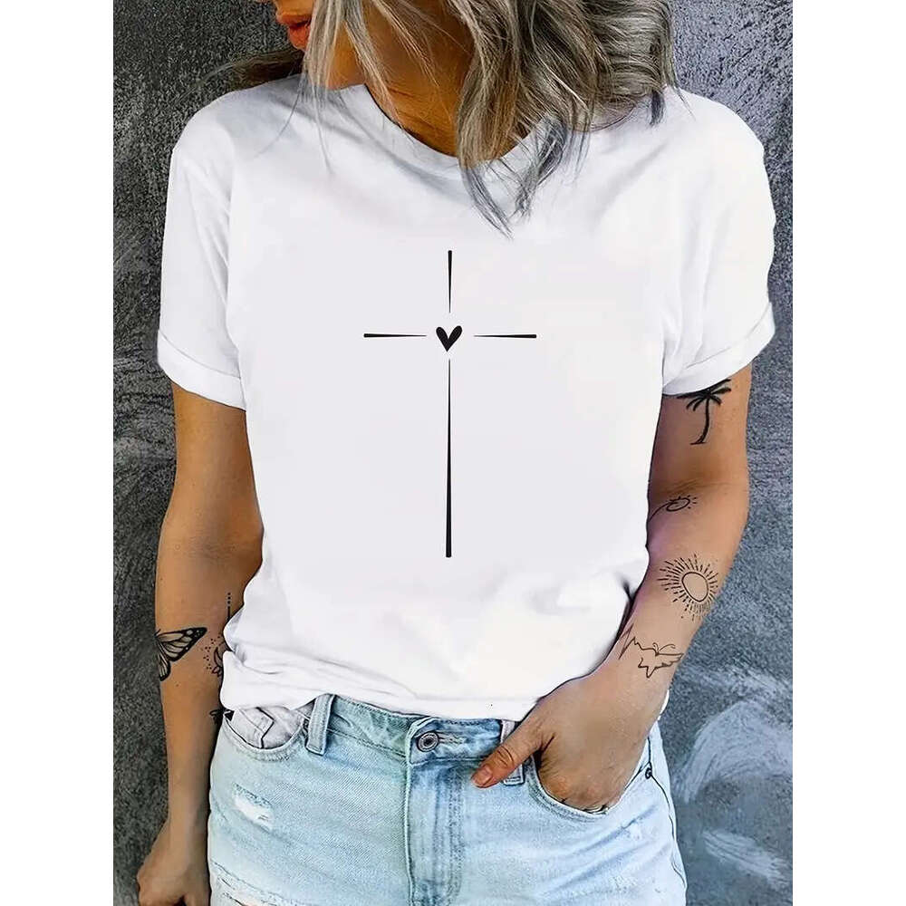 Graphic Cross Print Crew Neck T-shirt, Casual Short Sleeve T-shirt For Spring & Summer, Women's Clothing