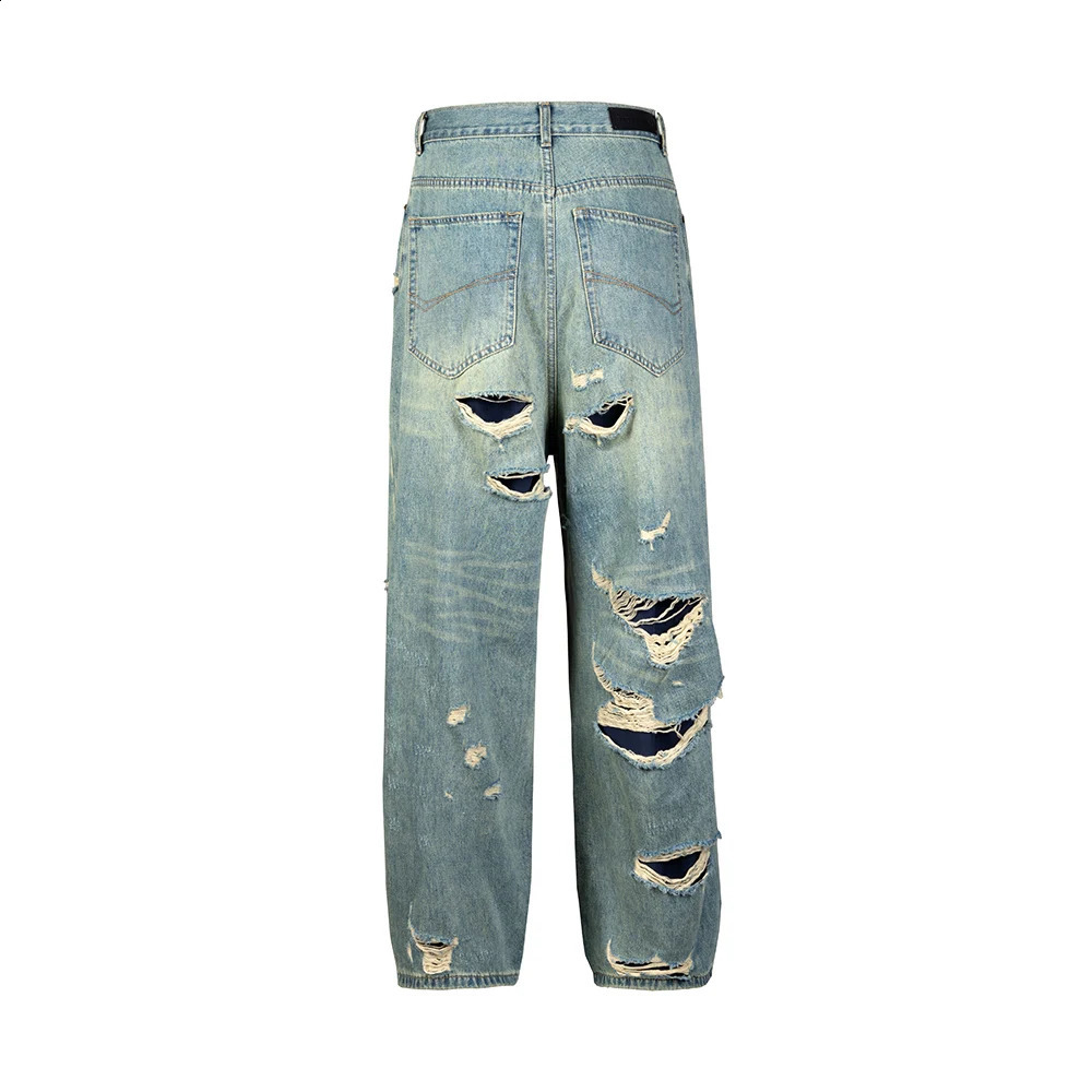 Distressed Washed Blue Baggy Wide Leg Jeans for Men and Women Frayed Casual Denim Trousers Oversized Loose Cargo Pants 240821