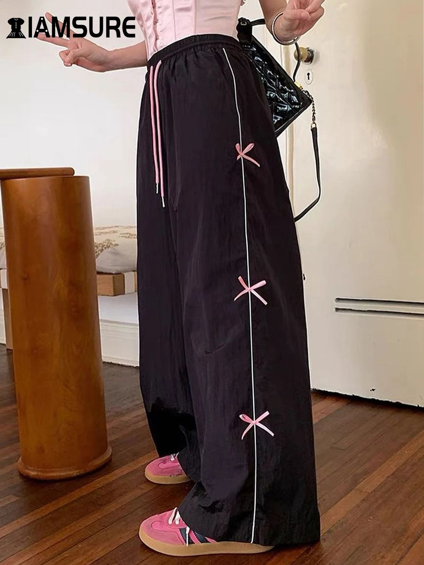 IAMSURE Sweet Bow Striped Wide Leg Pants Casual Loose Basic Bandage MidWaisted Women Summer Fashion Streetweear Lady 240821