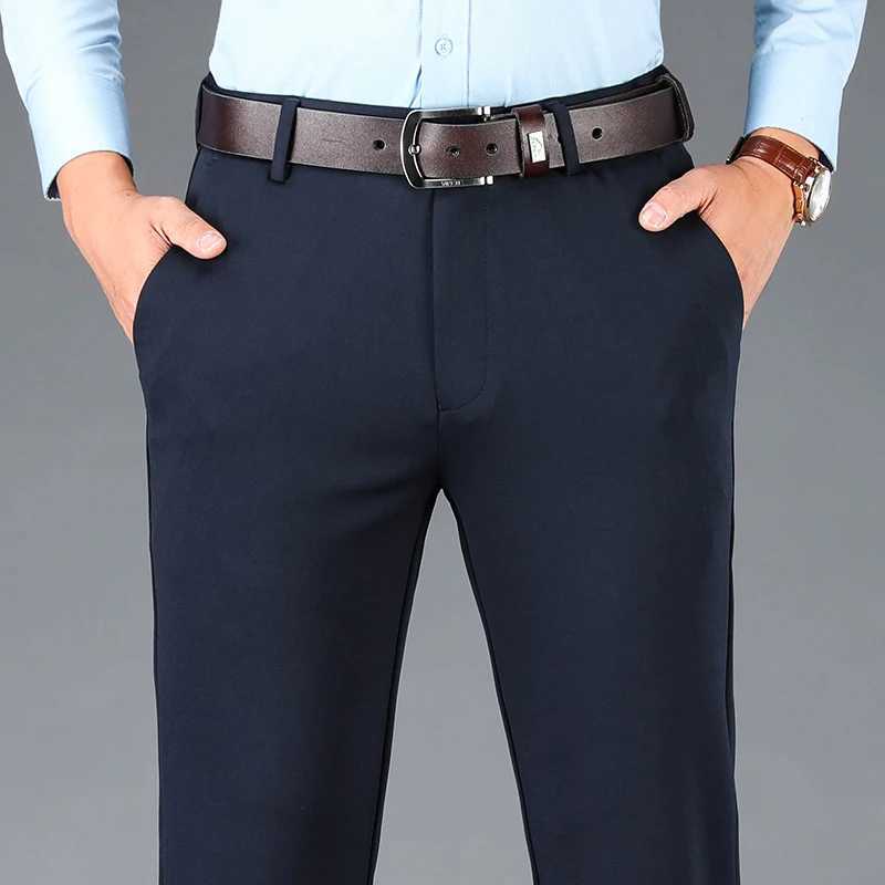 Mens elastic casual pants business suit pants black office straight pants large brand mens navy blue mens casual pants spring and summerW240725