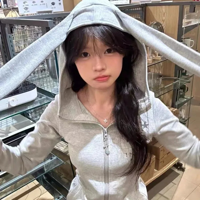 Japanese Kawaii Rabbit Ear Zipper Long Sleeve Hoodie Womens Ultra Thin Waist Y2k Chic Grey Sweet Sudadera Mujer 240821
