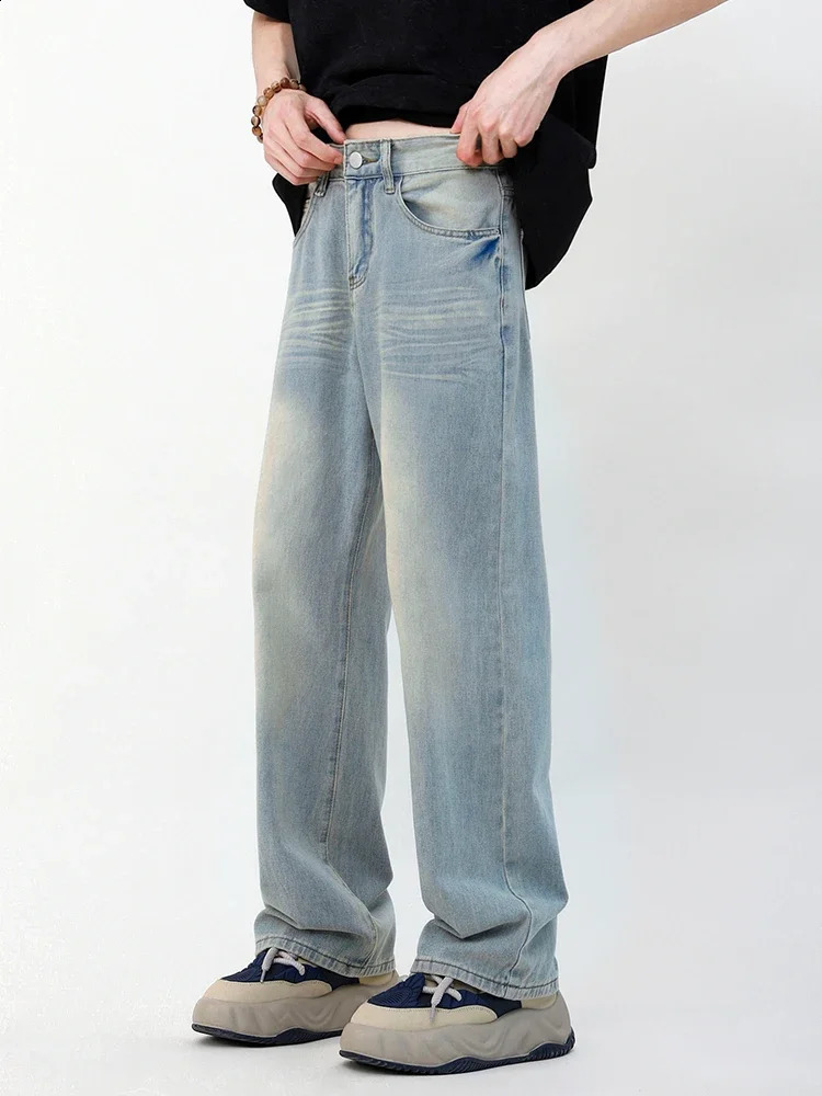 Baggy Korean Jeans Mens Personalized Y2k Pants Fashion Straight Casual Vintage Denim Trousers Male Streetwear Blue 240821